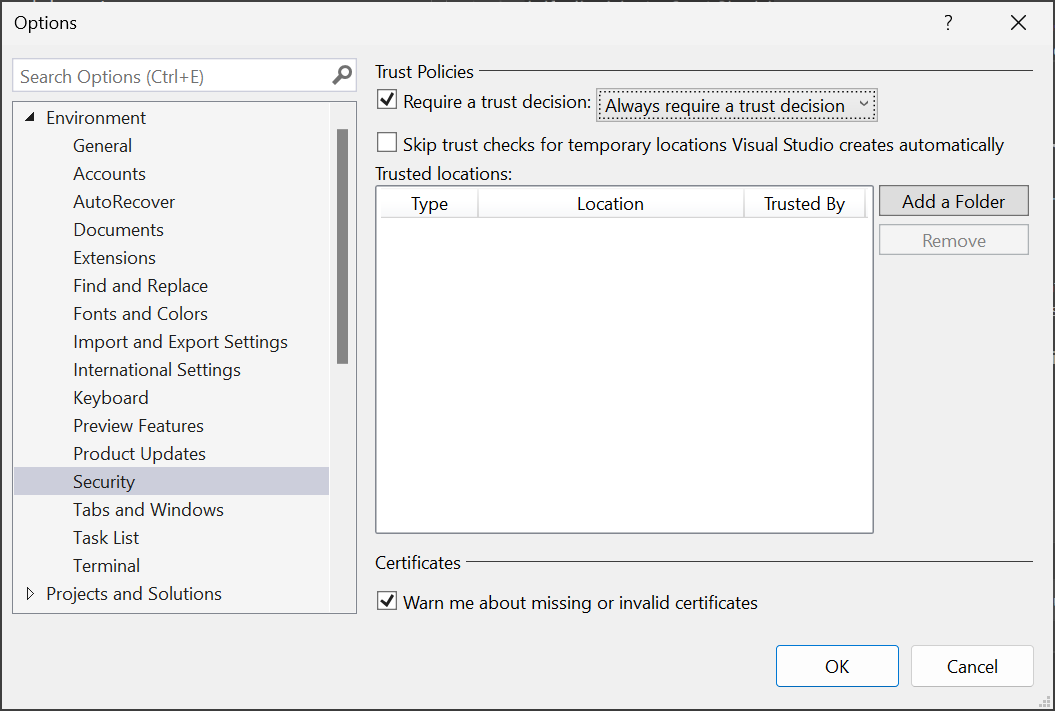 Screenshot showing how to enable trusted locations by using the trust settings options.