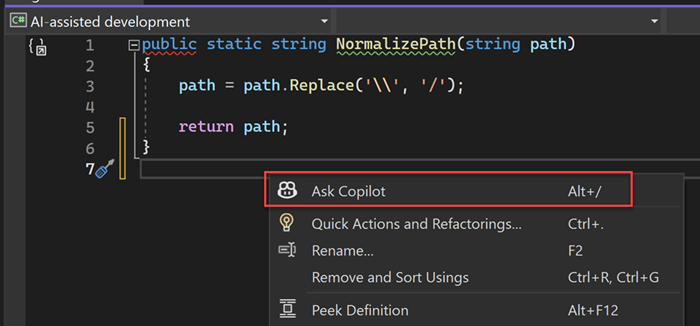 Screenshot of how to enable inline chat in the editor from the context menu.