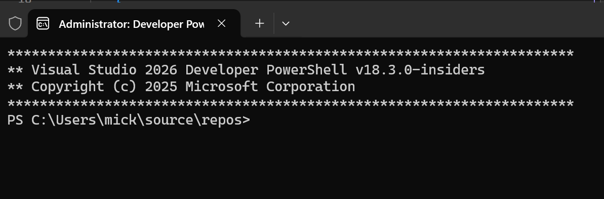 Screenshot of the Developer PowerShell tool in Visual Studio.