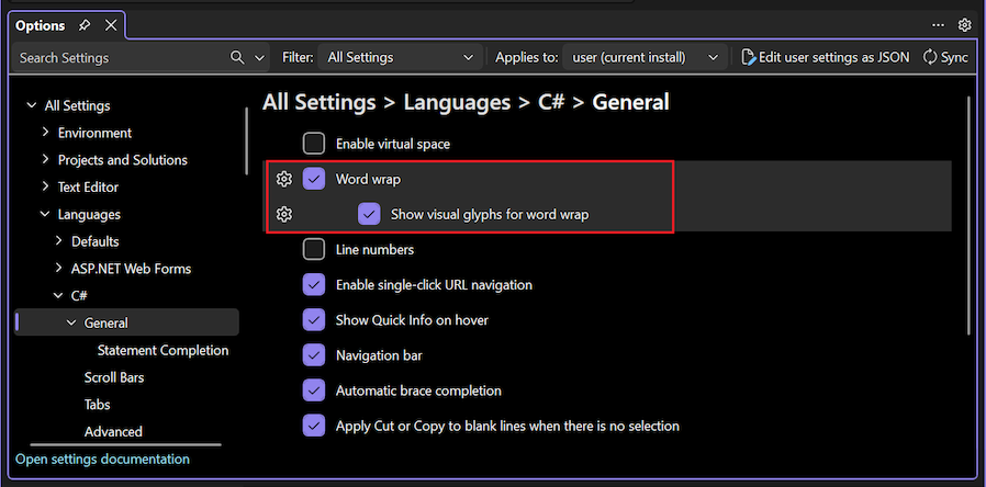 Screenshot that shows how to set the Word wrap option for a specific language.