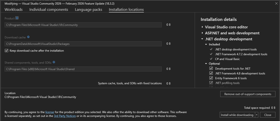 Screenshot showing the Installation locations tab of the Visual Studio Installer.