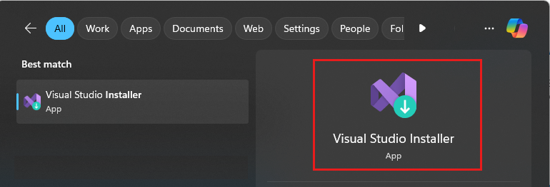 Screenshot that shows the Visual Studio Installer on the Start menu.