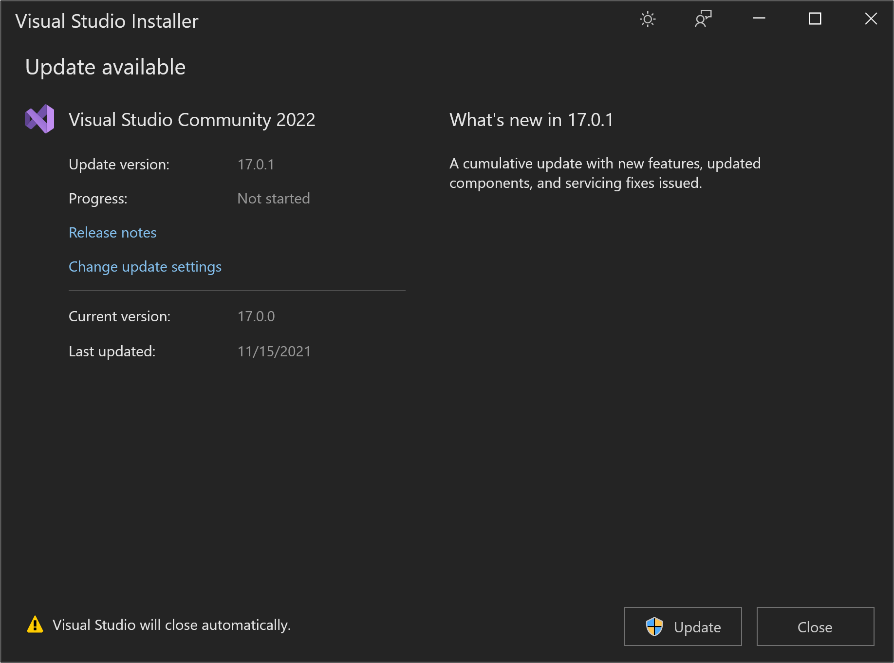 Choose the Update button in the 'Update available' dialog box Screenshot showing the Update button in the 'Update available' dialog box in Visual Studio 2022.