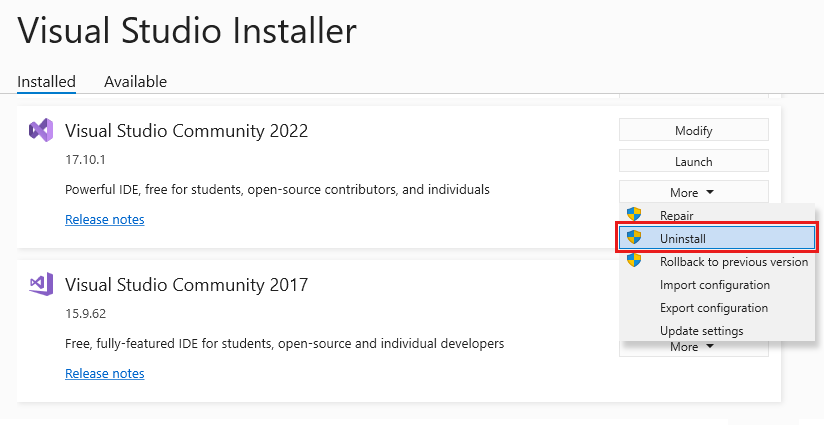 Screenshot that shows how to uninstall Visual Studio by using the Visual Studio Installer.