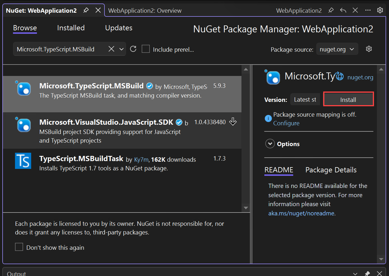 Screenshot that shows how to install the NuGet package.
