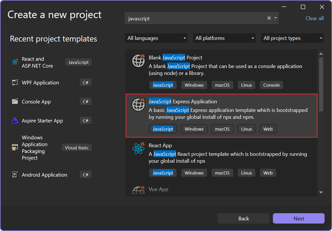 Screenshot that shows how to use the 'Search for templates' filter to find JavaScript templates in the Visual Studio Start Window.
