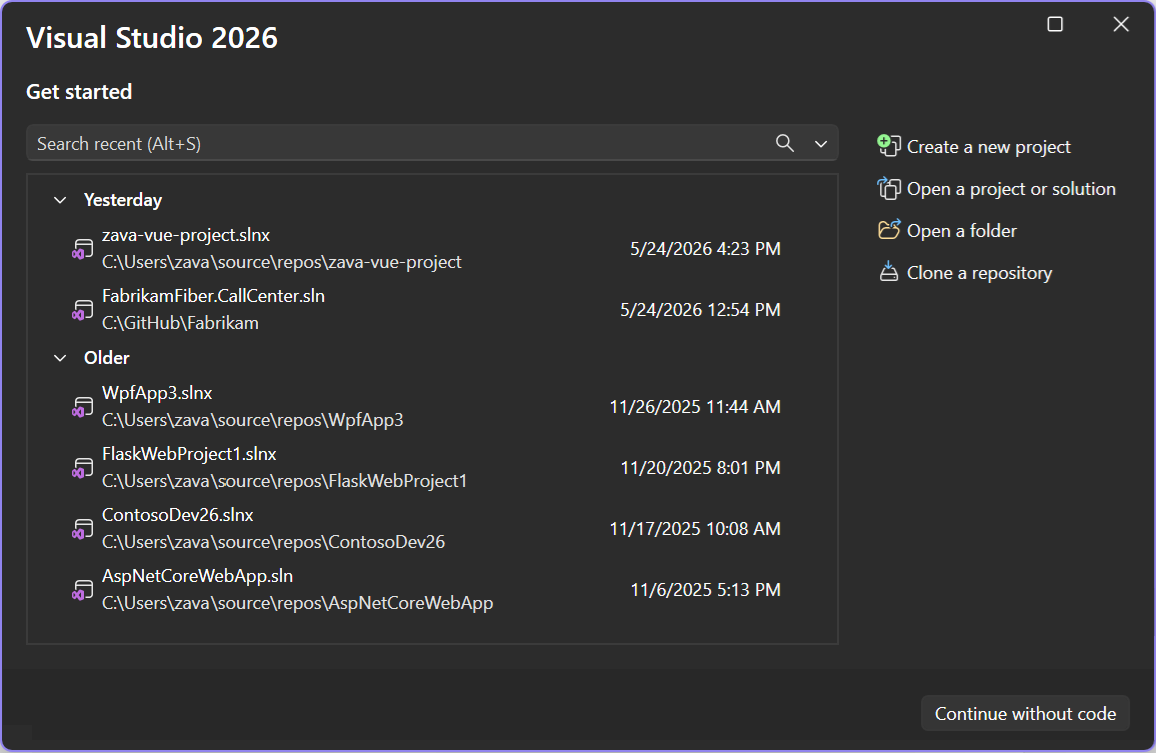 Screenshot of the Start Window when Visual Studio opens.