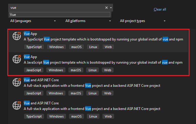 Screenshot showing how to choose a Vue template for JavaScript or TypeScript.