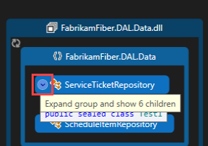 Screenshot that shows how to expand a node in a code map.