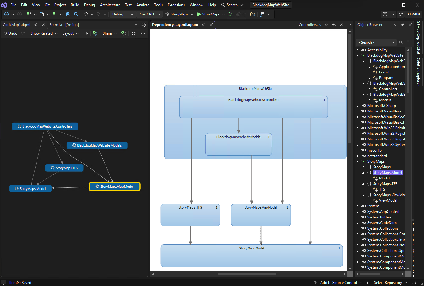 Screenshot that shows a dependency diagram generated from a Code Map.