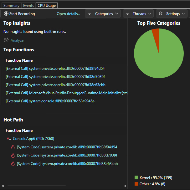 Diagnostic Tools CPU Usage tab Screenshot that shows the Diagnostics Tools CPU Usage tab.