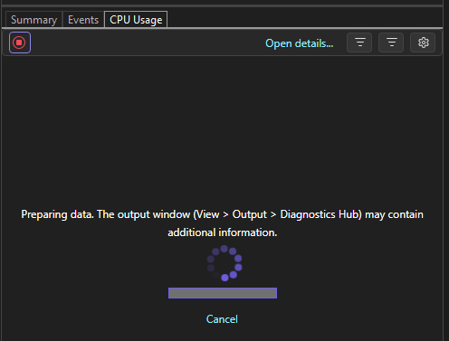 Diagnostic Tools preparing data Screenshot that shows Diagnostics Tools preparing data.