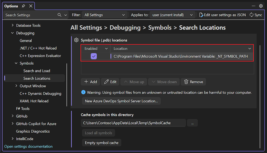 Screenshot that shows the Tools, Options, All Settings, Debugging, Symbols, Search Locations options.