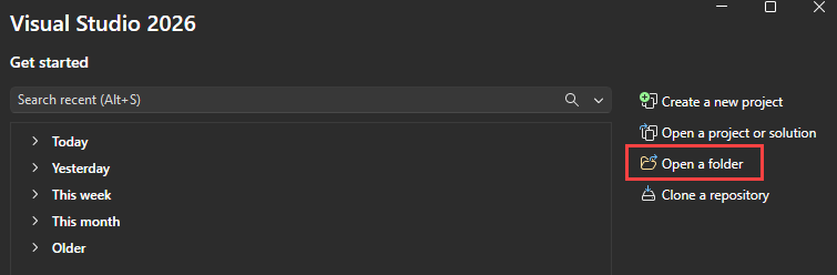 Screenshot that shows how to select the Open a local folder option when Visual Studio starts.