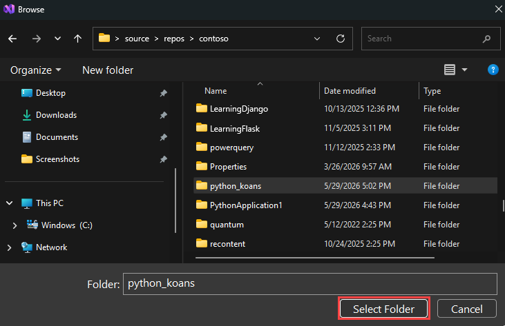 Screenshot that shows how to select the local folder in Visual Studio.