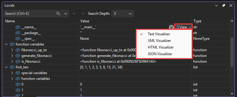 Screenshot that shows how to access visualizers from the View magnifying glass in the Visual Studio debugger.