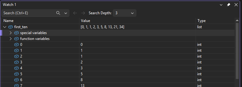 Screenshot that shows the Watch window in the Visual Studio debugger.