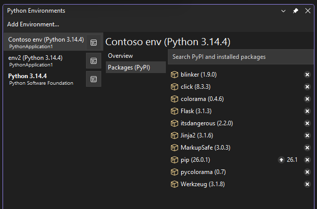 Screenshot that shows the current packages for the selected environment in the Python Environments window.