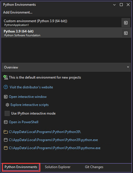 Screenshot that shows the Python Environments window in Visual Studio.