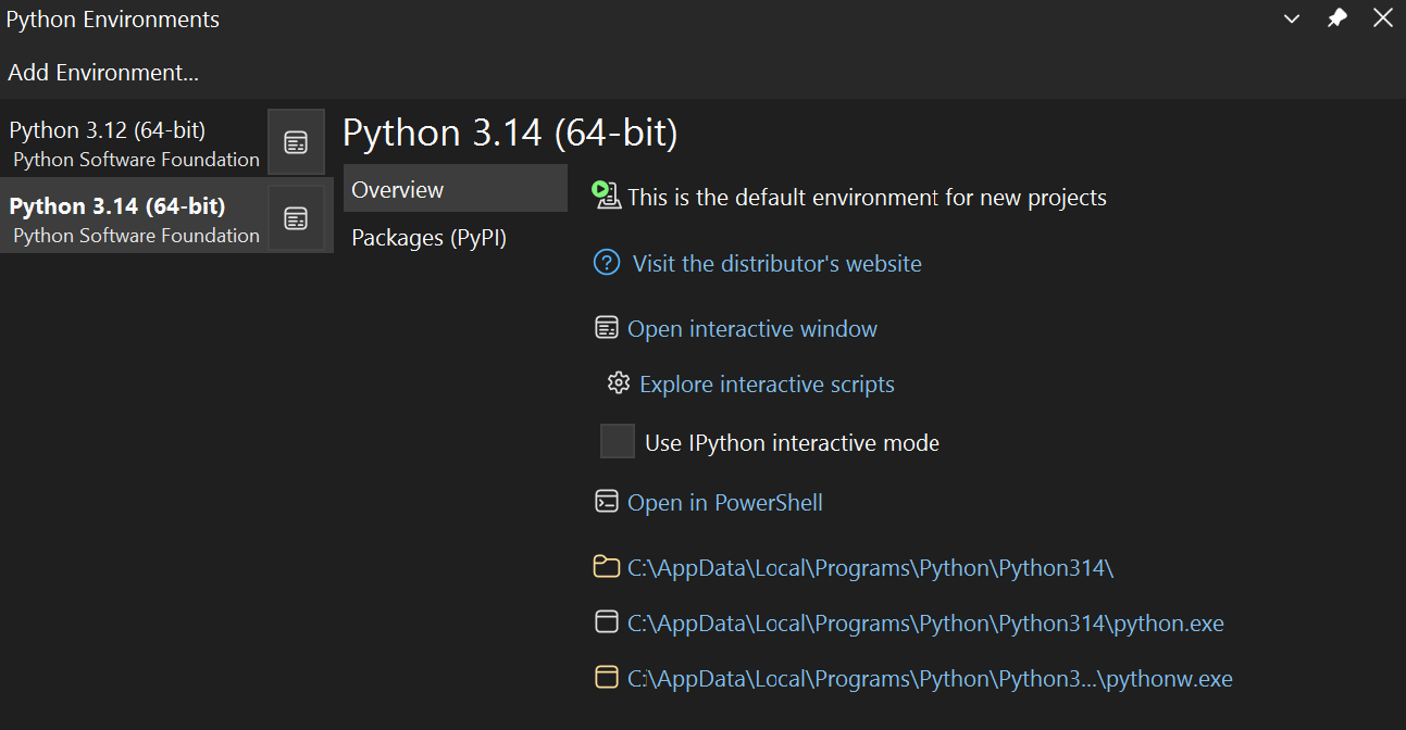 Screenshot of the expanded Python Environments window.