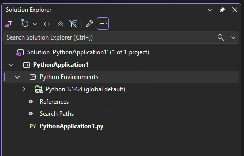 Screenshot that shows the global default Python environment for a project in Solution Explorer in Visual Studio.