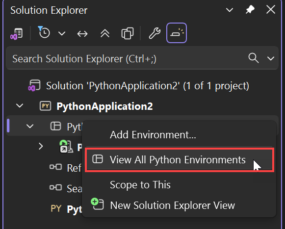 Screenshot of the View All Python Environments command in Solution Explorer.