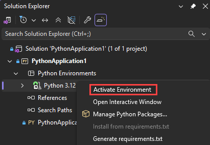 Screenshot that shows how to activate an environment for a Python project in Visual Studio.