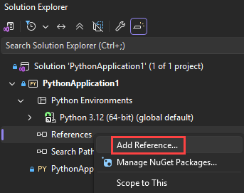 Screenshot that shows how to Add an extension reference in Python projects in Visual Studio.