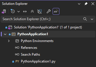 Screenshot that shows a Python project open in Solution Explorer in Visual Studio.