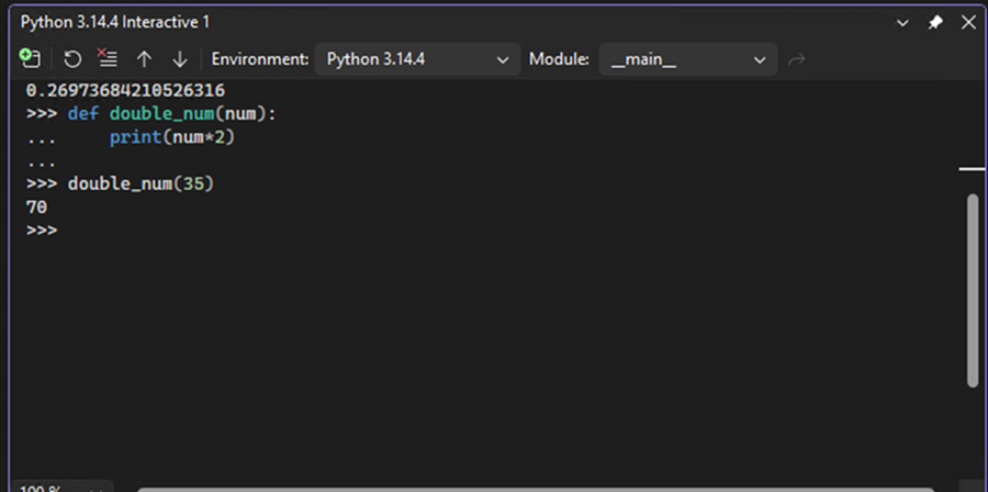 Screenshot that shows how the Interactive Window displays the Python continuation prompt for multiline code statements in Visual Studio.