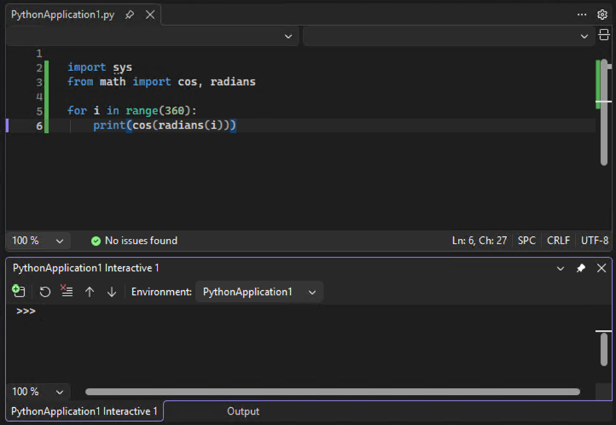 Screenshot that shows the Interactive Window for Python open underneath the code editor in Visual Studio.