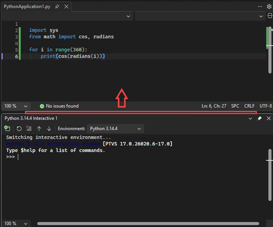 Screenshot that shows how to move the separator to increase the size of the Interactive Window in Visual Studio.