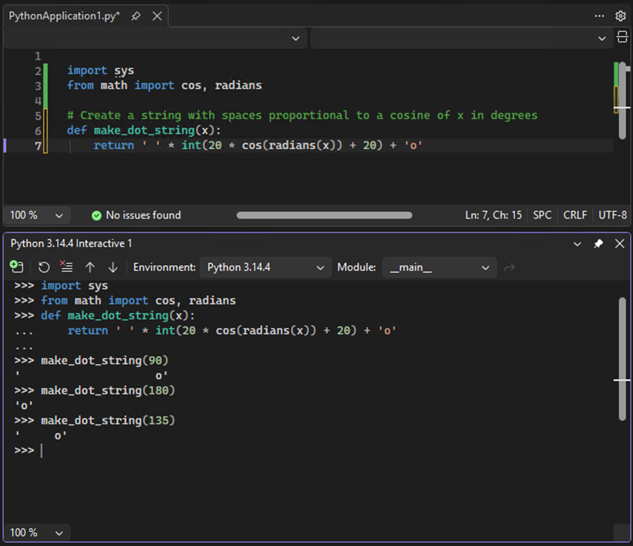 Screenshot that shows how to run a test of the function code sent to the Interactive Window in Visual Studio.