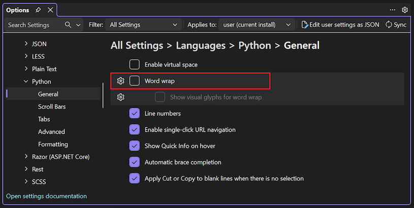 Screenshot that shows how to enable word wrapping for Python in Visual Studio.