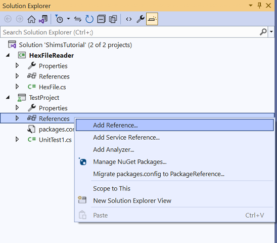 Screenshot that shows how to add a reference from the unit test project to the class in Visual Studio 2022.