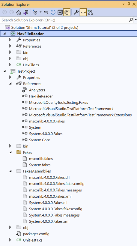 Screenshot of Solution Explorer in Visual Studio 2022 showing all files, which includes the Fakes assemblies.