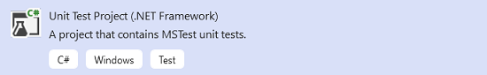Screenshot of the Microsoft Unit Test project template for .NET Framework and C# in Visual Studio 2022.