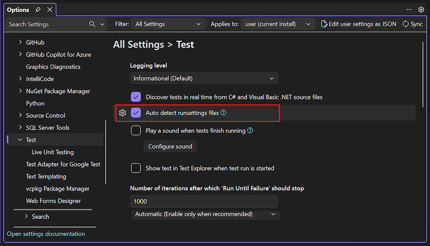 Auto detect runsettings file option in Visual Studio