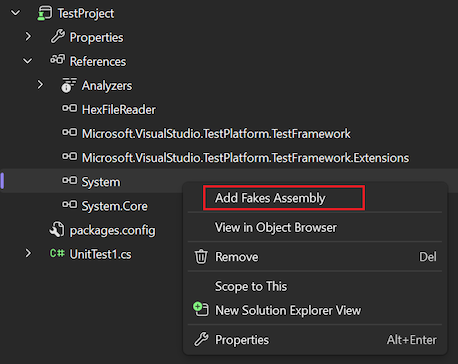 Screenshot that shows how to add the Fakes assembly for the project in Visual Studio.