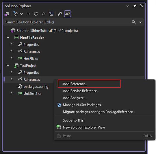 Screenshot that shows how to add a reference from the unit test project to the class in Visual Studio.