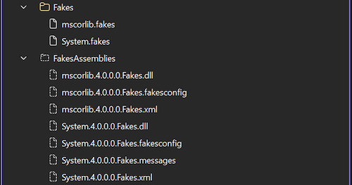 Screenshot of Solution Explorer in Visual Studio showing all files, which includes the Fakes assemblies.