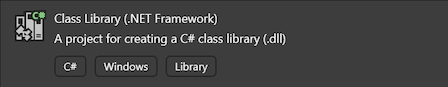 Screenshot of the Class Library project template for .NET Framework and C# in Visual Studio.