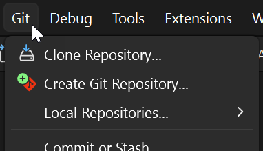 Screenshot that shows the Clone Repository option from the Git menu in Visual Studio.