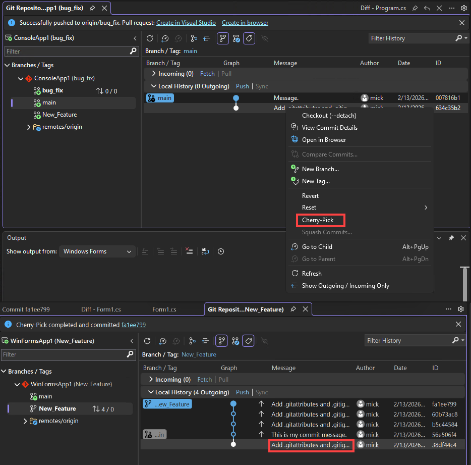Screenshot of cherry-picking in Visual Studio.