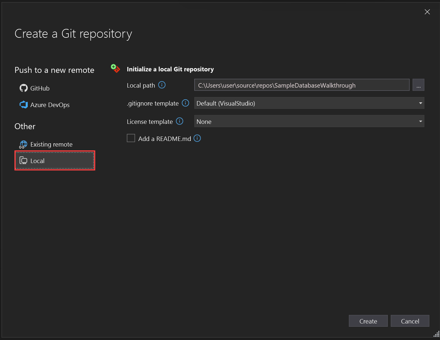 Screenshot of the Create Git Repository screen, showing the Local option.