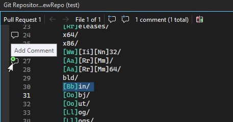 Screenshot showing the Add comment icon when reviewing a file change in a pull request.