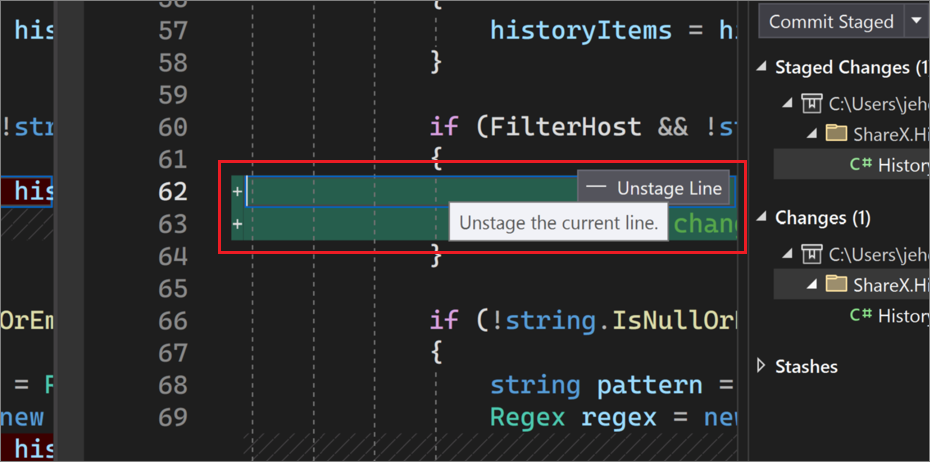 Screenshot of an example of how to unstage changes for Git in Visual Studio 2022.