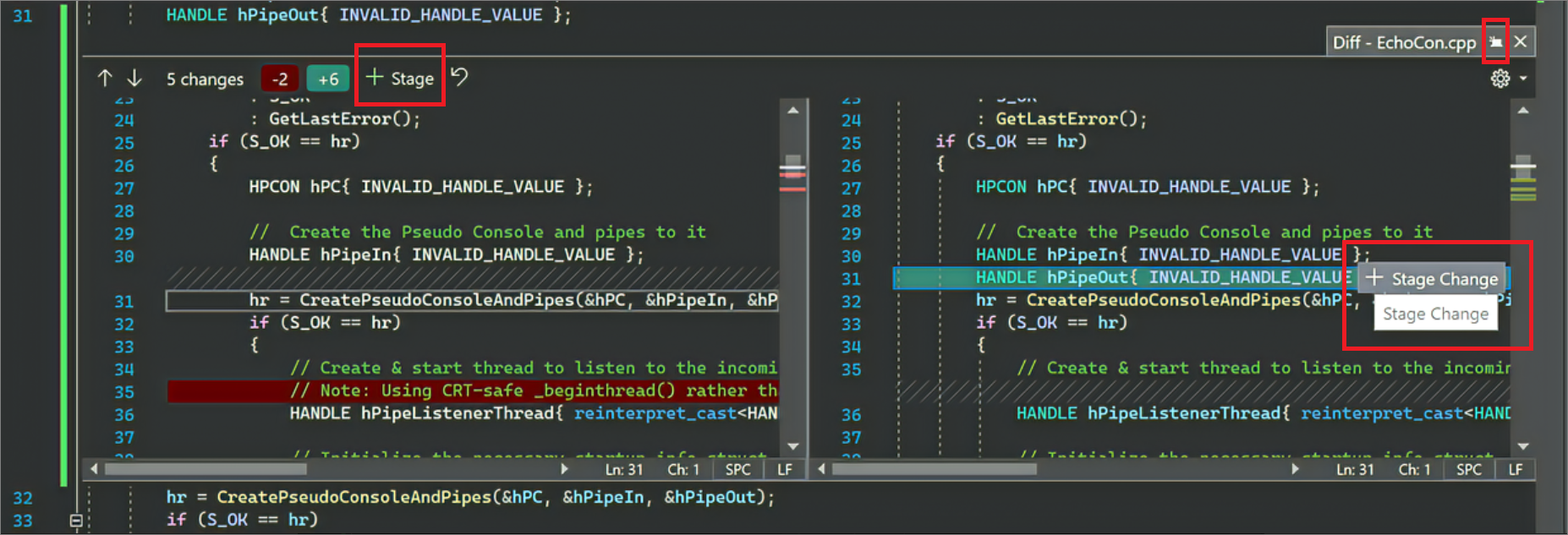 Screenshot of the Stage Change option in Visual Studio 2022.