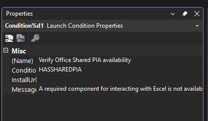 Screenshot of the Properties Window for the Verify Office Shared PIA launch condition.