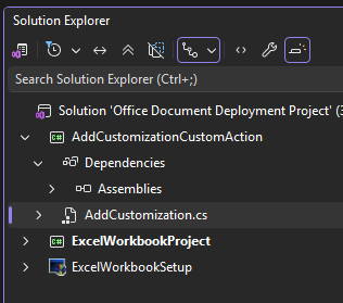 Screenshot of AddCustomizationCustomAction in Solution Explorer.